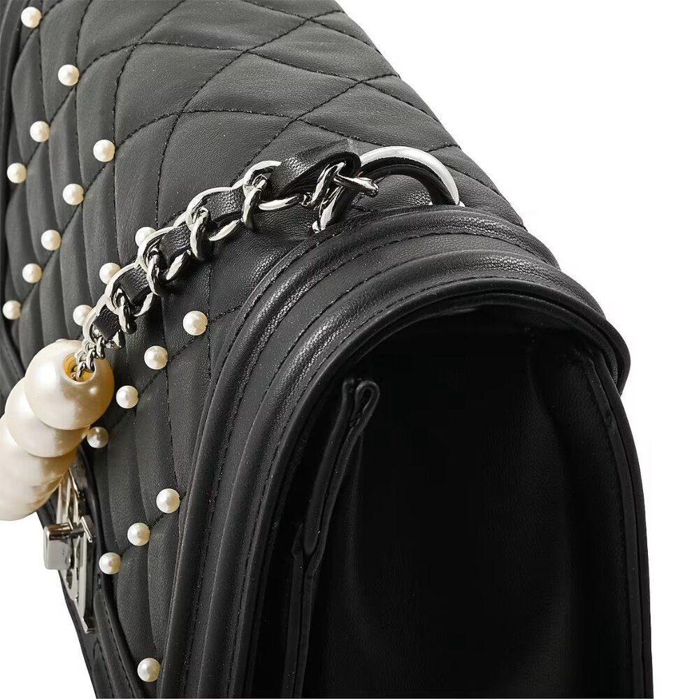 NEW Badgley Mischka Black Quilted Vegan Leather Pearl Crossbody Bag - Picture 6 of 8